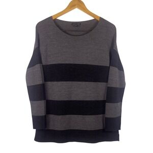 Eileen Fisher Striped‎ Merino Wool Sweater XS Gray Black Crew Neck Long Sleeve
